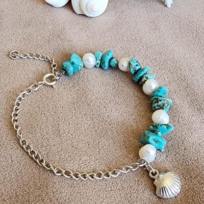 دستبند نقره فیروزه و مروارید - کد B121 دستبند نقره مروارید و فیروزه