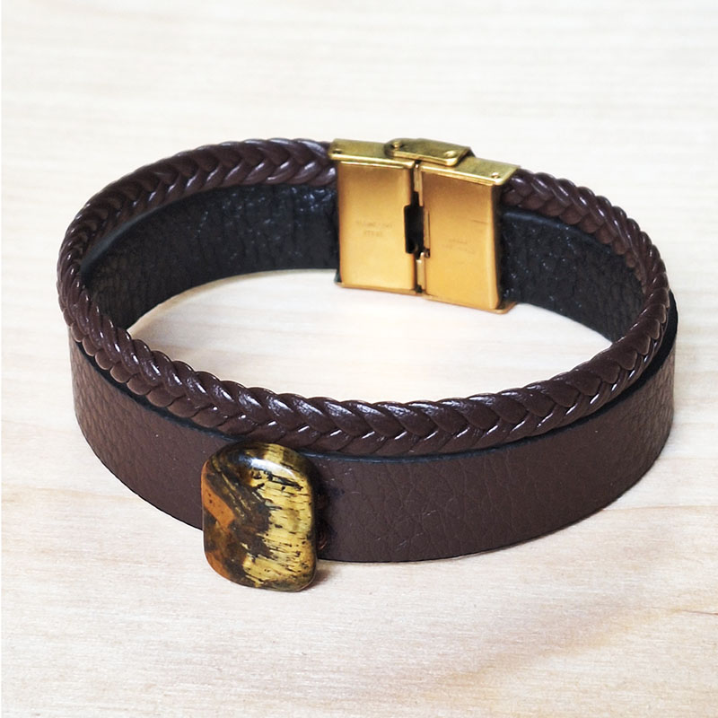 دستبند چرم و چشم ببر - کد B146 دستبند چرم مردانه